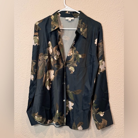 $495 Vince Floral Camellia Branch silk satin shirt blue white workwear Revolve - Picture 10 of 15